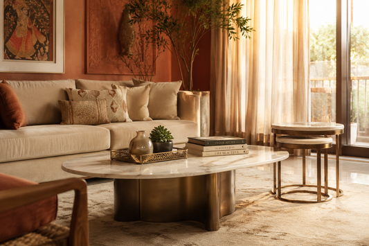 Marble coffee table with brass base styled in Indian living room 2026 - Area Furnitures